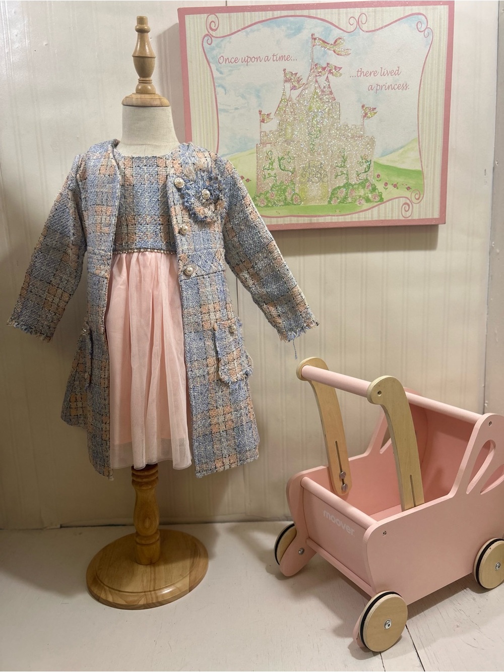 Girls Tweed Coat Dress Set in Powder Pink & Blue